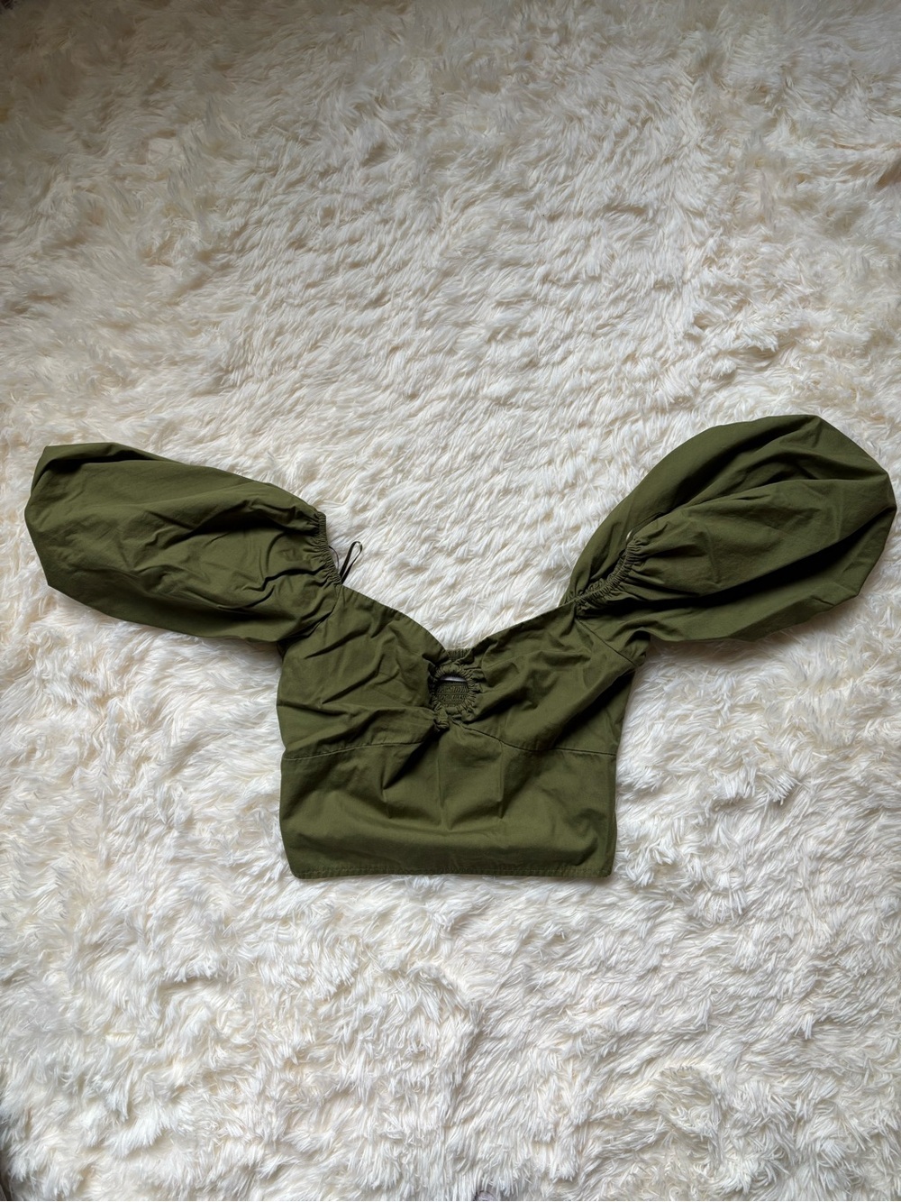Abercrombie & Fitch Olive Green Puff Sleeve Smocked Crop Top XS